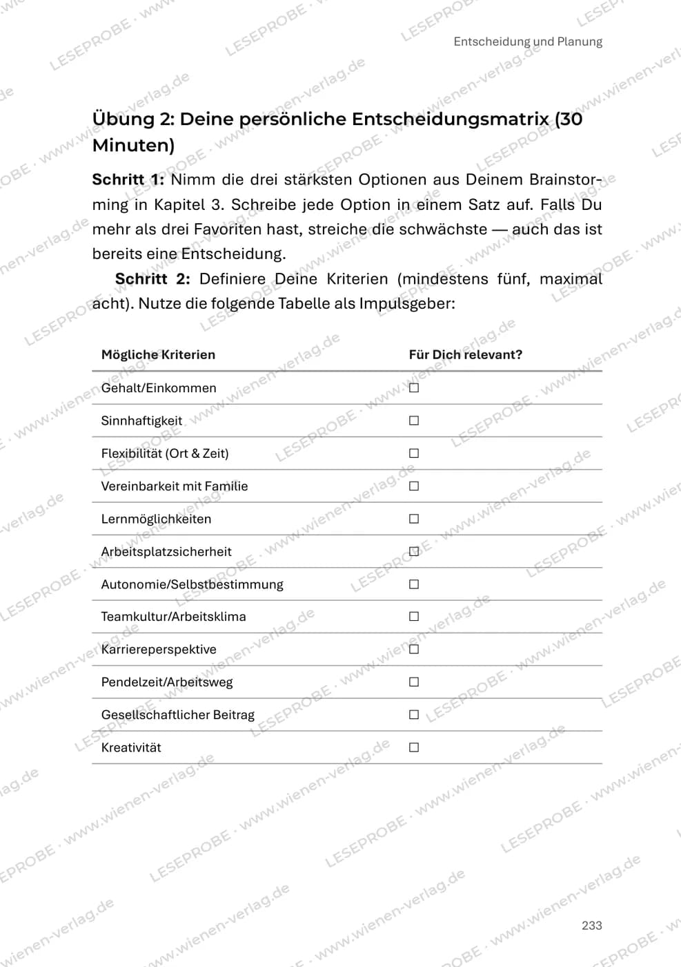 Entscheidungsmatrix zum Ausfüllen aus „Kurs wechseln“